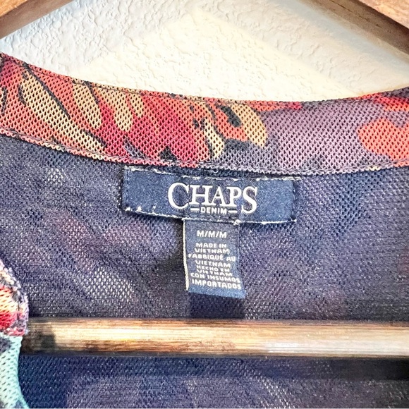 Chaps Blouse Blue Purple Red Floral Print V Neck Ruffle 3/4 Sleeve Mesh Top M - Picture 4 of 9